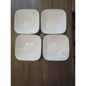 New Set of 4 Square Corelle Shadow Iris 6.25" Soup/Cereal Bowls White Green Trim